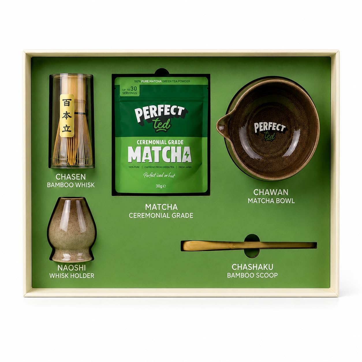 PerfectTed Matcha Set | Ceremonial Grade Matcha | Whisk, Bowl, Bamboo Scoop & Wh