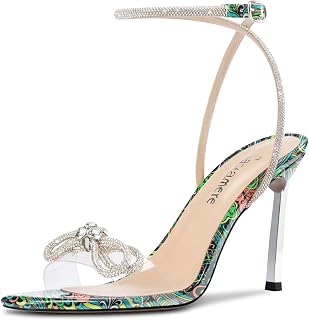 Castamere Women Needle High Heel Open Toe Strappy Ankle Diamond Crystal Bow Tie Sandals Dance Summer 10CM Heels
