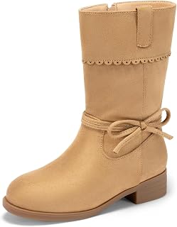 Coutgo Botas de equitación de media pantorrilla para niñas, con puntera redonda, lazo lateral y cremallera lateral