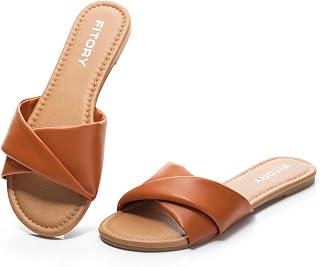 FITORY Women Flat Sandals Fashion Slides Soft Leather Slippers Summer Size 6-11