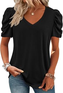 ATHMILE Womens Blouse Dressy Casual V Neck Puff Short Sleeve Tshirts Boho Fashion Summer Spring Tunic Top Clothes