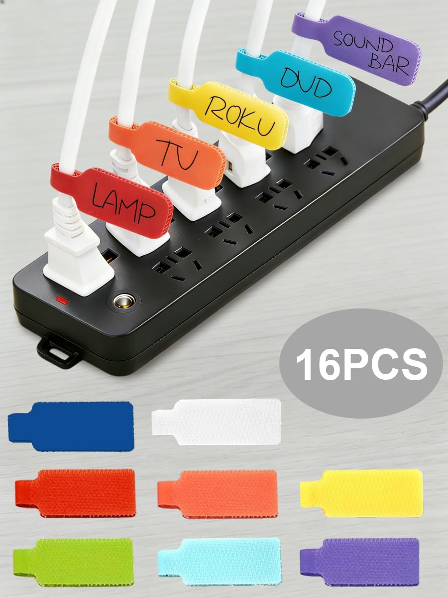 16 Packs Reusable Cable Labels - Colorful Cable Labels with Hook and Loop Closur