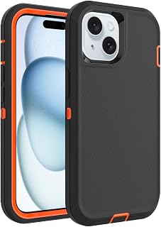 Case for iPhone 15 Plus, Heavy-Duty Tough Rugged Shockproof Drop Protective Cover Phone Cases, Black+Orange