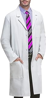 VOGRYE Mens Lab Coat with 3 Pockets for Chemistry College Classes | white button front long sleeve notched lapel machine wash cold soft light paint smock in chemistry and shop work