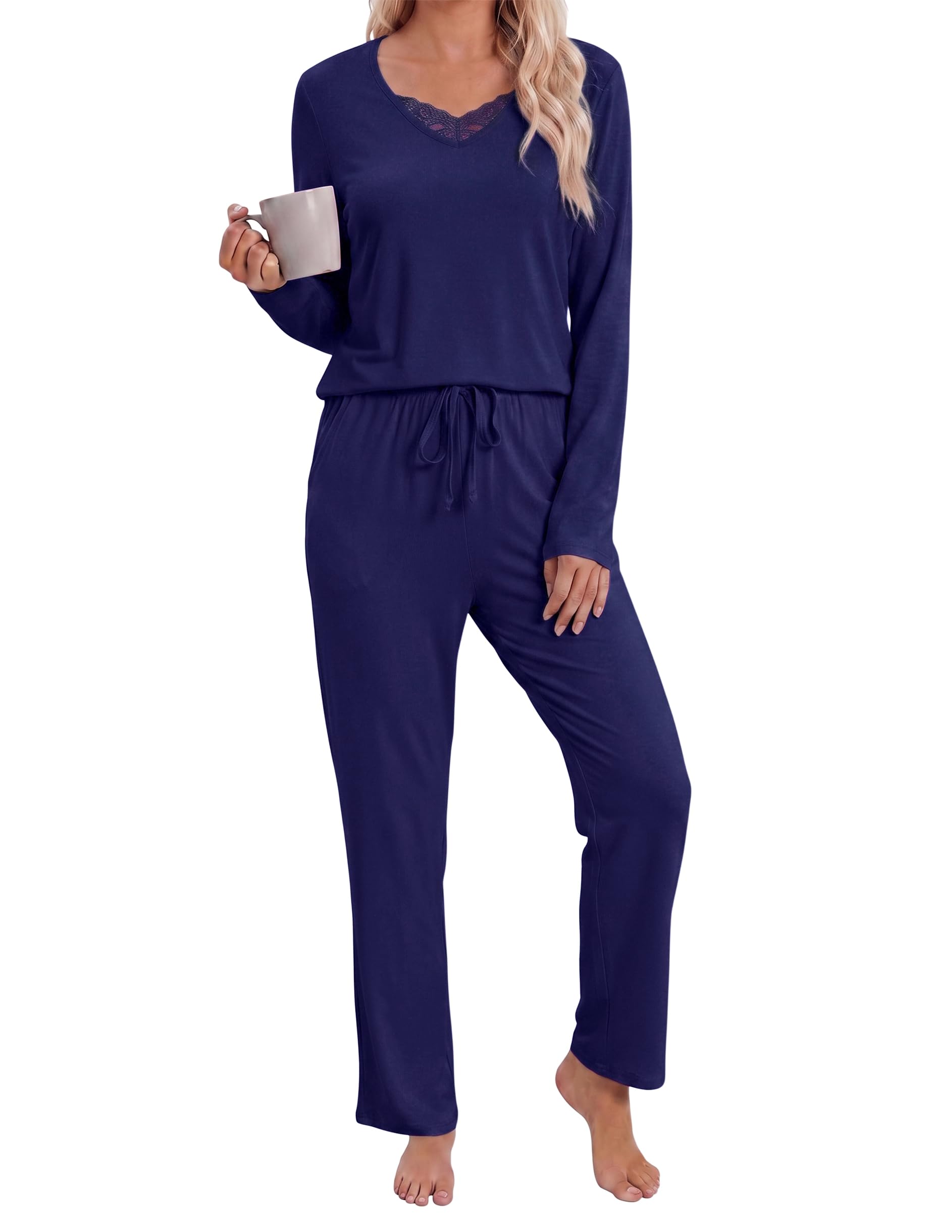 Aseniza Schlafanzug Damen Lang Pyjama Spitze V-Ausschnitt Nachtwäsche Set
