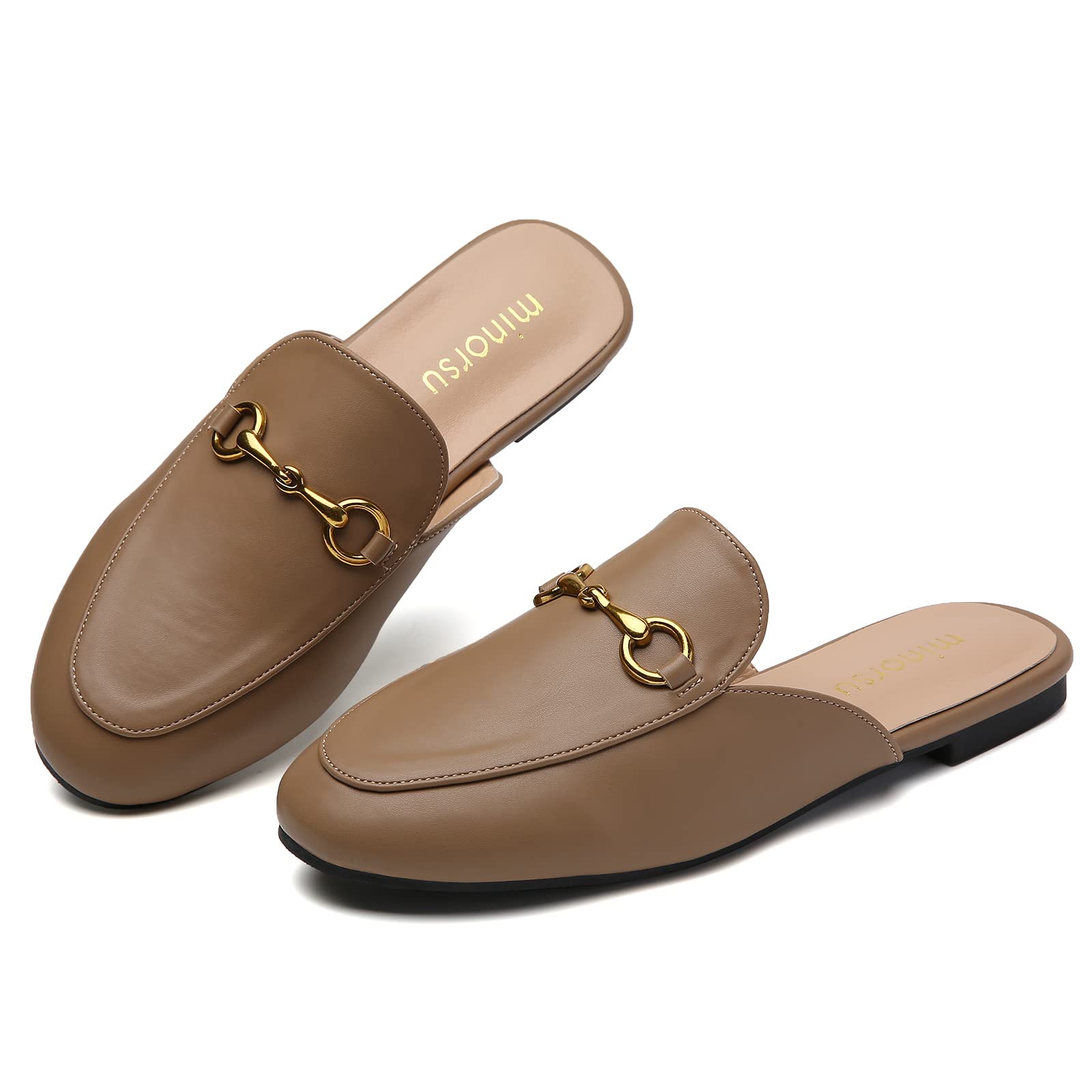 Minorsu Buckle Mules for Women Round Toe Backless Flat Mules Slides Mules Shoes 