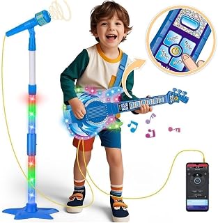 Kids Guitar and Microphone Set, Toddler Musical Instrument Toy, Blue | Toy guitar with strap and adjustable volume, microphone with color lights stand, karaoke Machine for 3-5 5-9 birthday gifts