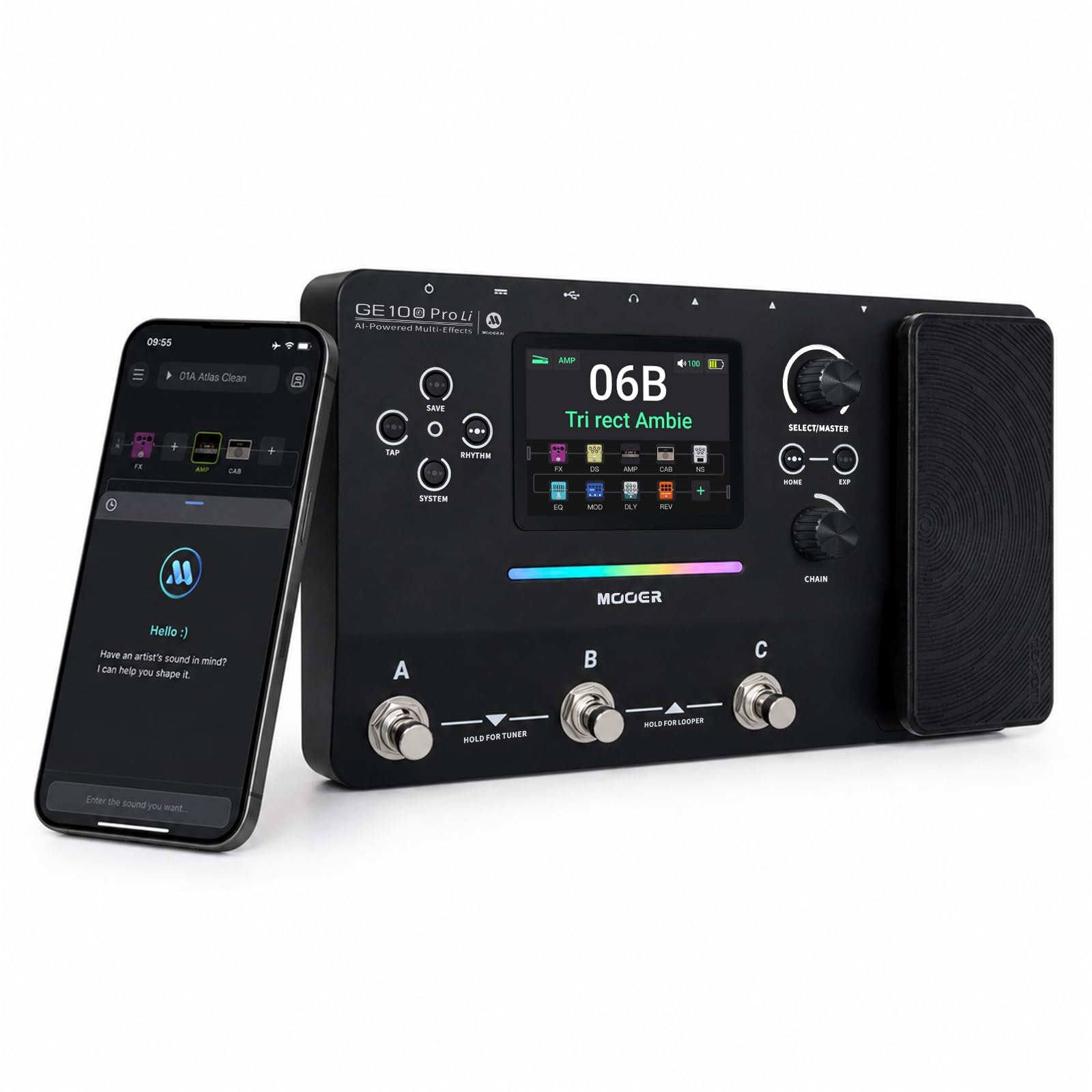MOOER GE100Pro Li Guitar Multi-Effects Pedal AI Assistant Battery Power | NAM&MN