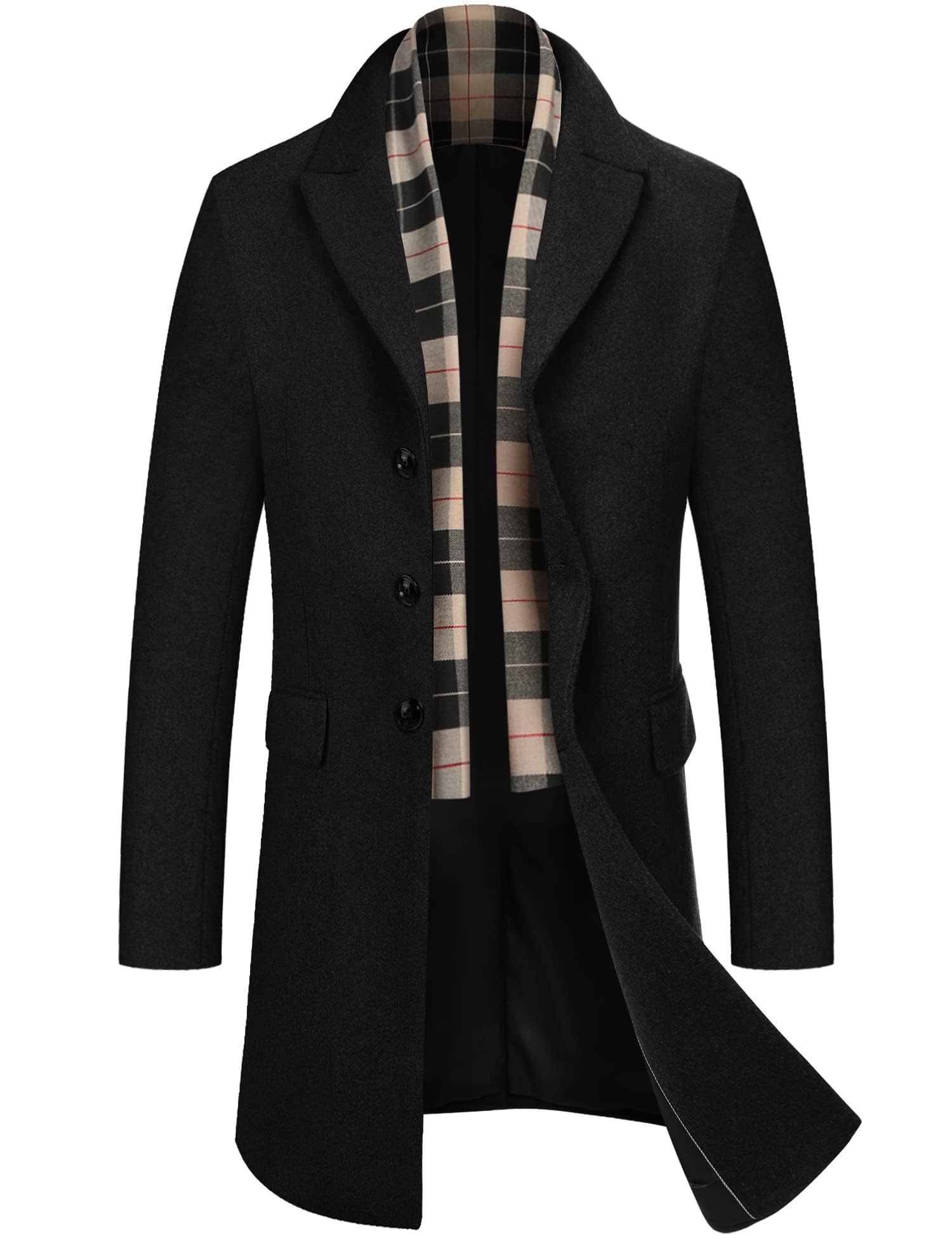 COOFANDY Men's wool blend coat with detachable plaid scarf, notched collar, sing