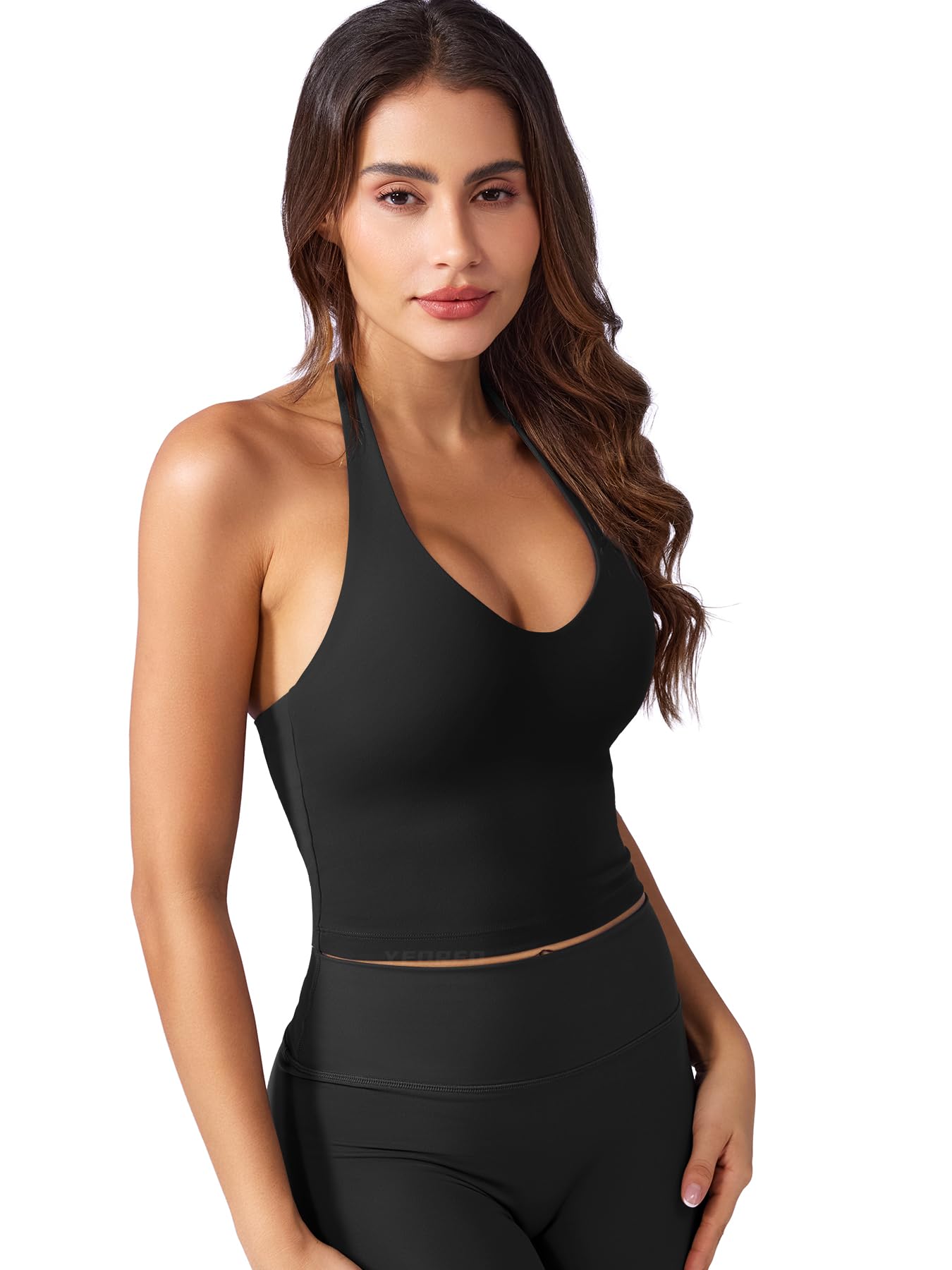 YEOREO CoreFlex Women's Halter Crop Tank Tops | V Neck, Workout, Going Out, Padd