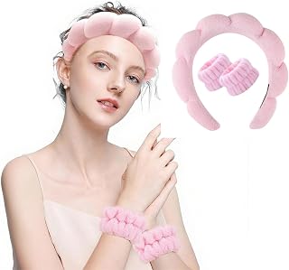 Plush Headband and Bracelet Set for Face Wash, Skin Care, Face Cleansing, Home, Spa, Hair Band for Women (Pink)