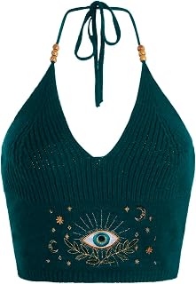 Verdusa Women's Y2k Halter Tops Embroidery Crop Top Western Cowgirl Shirts