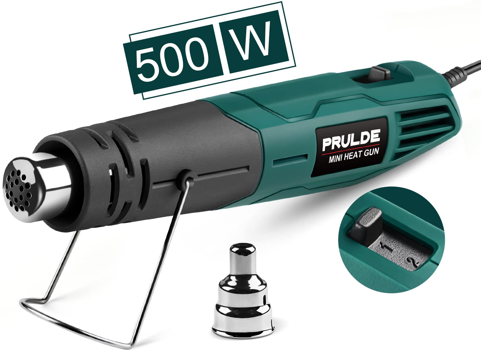 PRULDE Mini Heat Gun Dual Temp, 500W Hot Air Gun Tool 248℃-454℃ with one Nozzle 