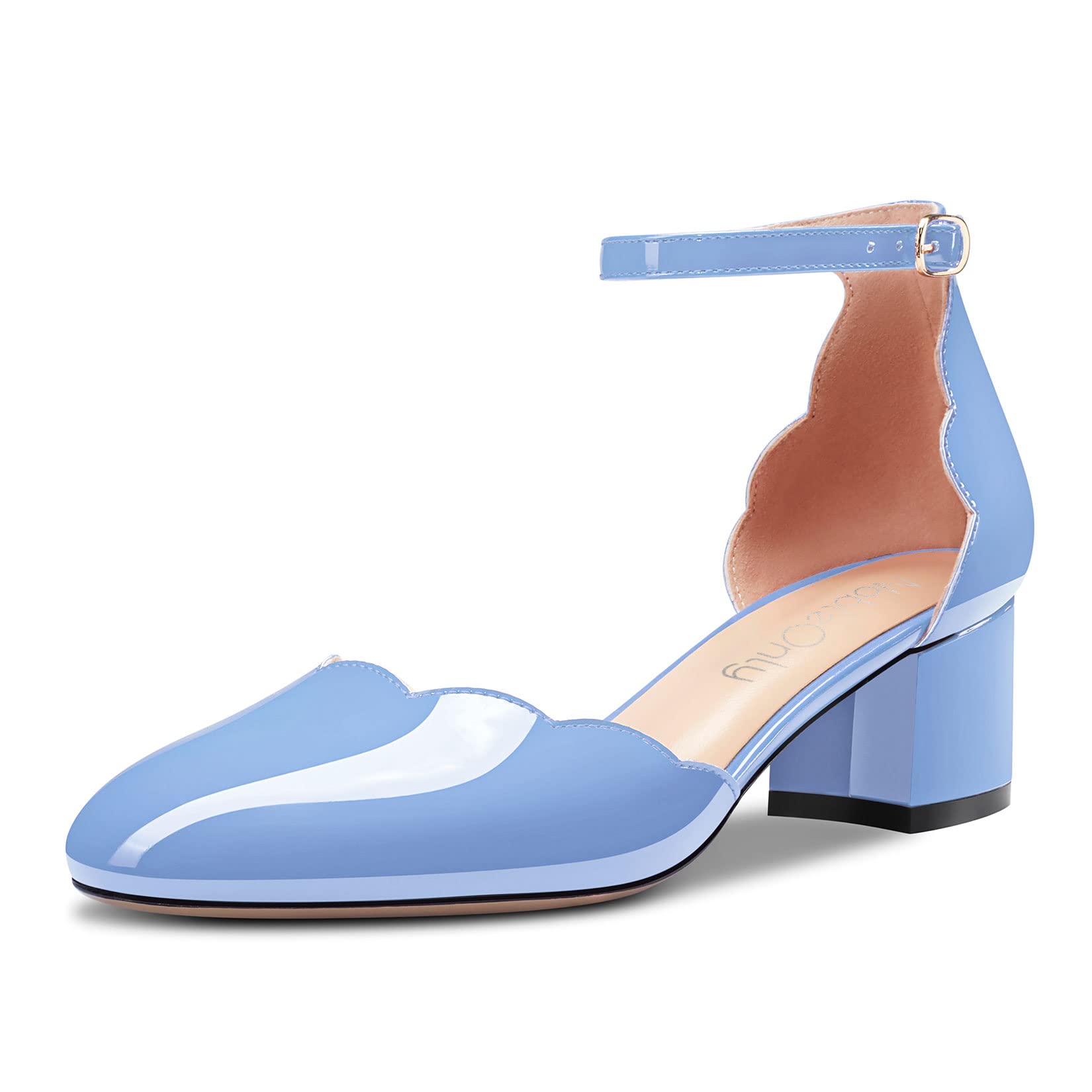 NobleOnly Women's Wide Low Closed Toe Round Toe Strap Ankle Pumps Buckle Closure