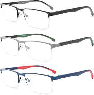 MODFANS Pack of 3 Men's Reading Glasses, Anti-Blue Light, Stainless Steel Metal, Lightweight, Clear Vision, with Case