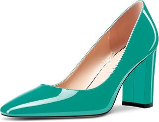 NobleOnly Women's High Chunky Block Heel Square Closed Toe Cap Slip-on Pumps Classic Cute Dress Shoes