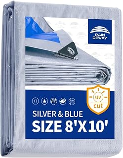 RAINDEWAY Tarps 8x10Ft 5.5 Mil Multipurpose Waterproof Poly Tarp Cover | UV Resistant,Finished Size,Grommets Every 36in,Reinforced Edges,Indoor and Outdoor Use,Silver/Blue