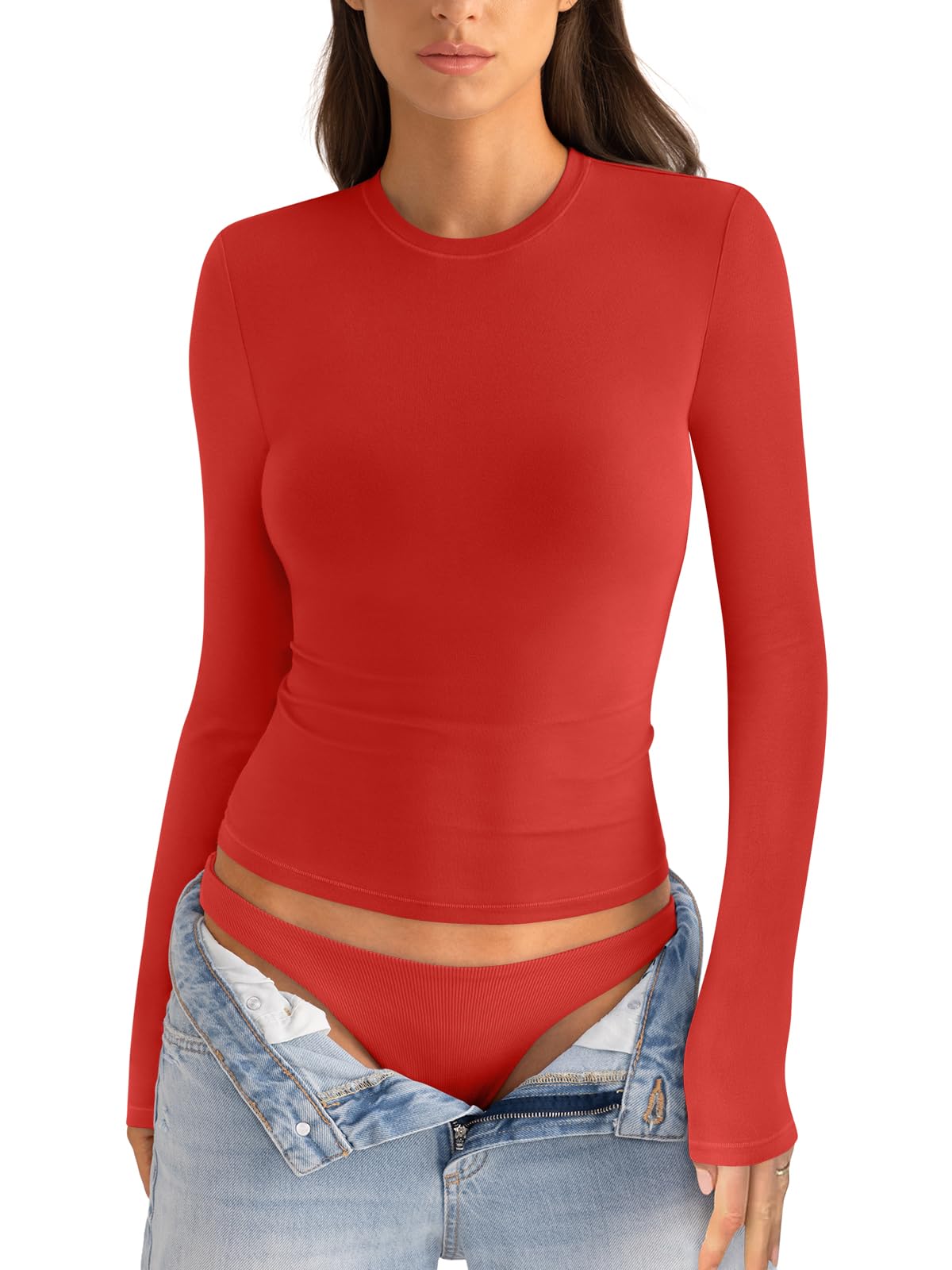 EasyGala Womens Cotton Long Sleeve Shirts Crew Neck Fitted Basic Going Out Outfi