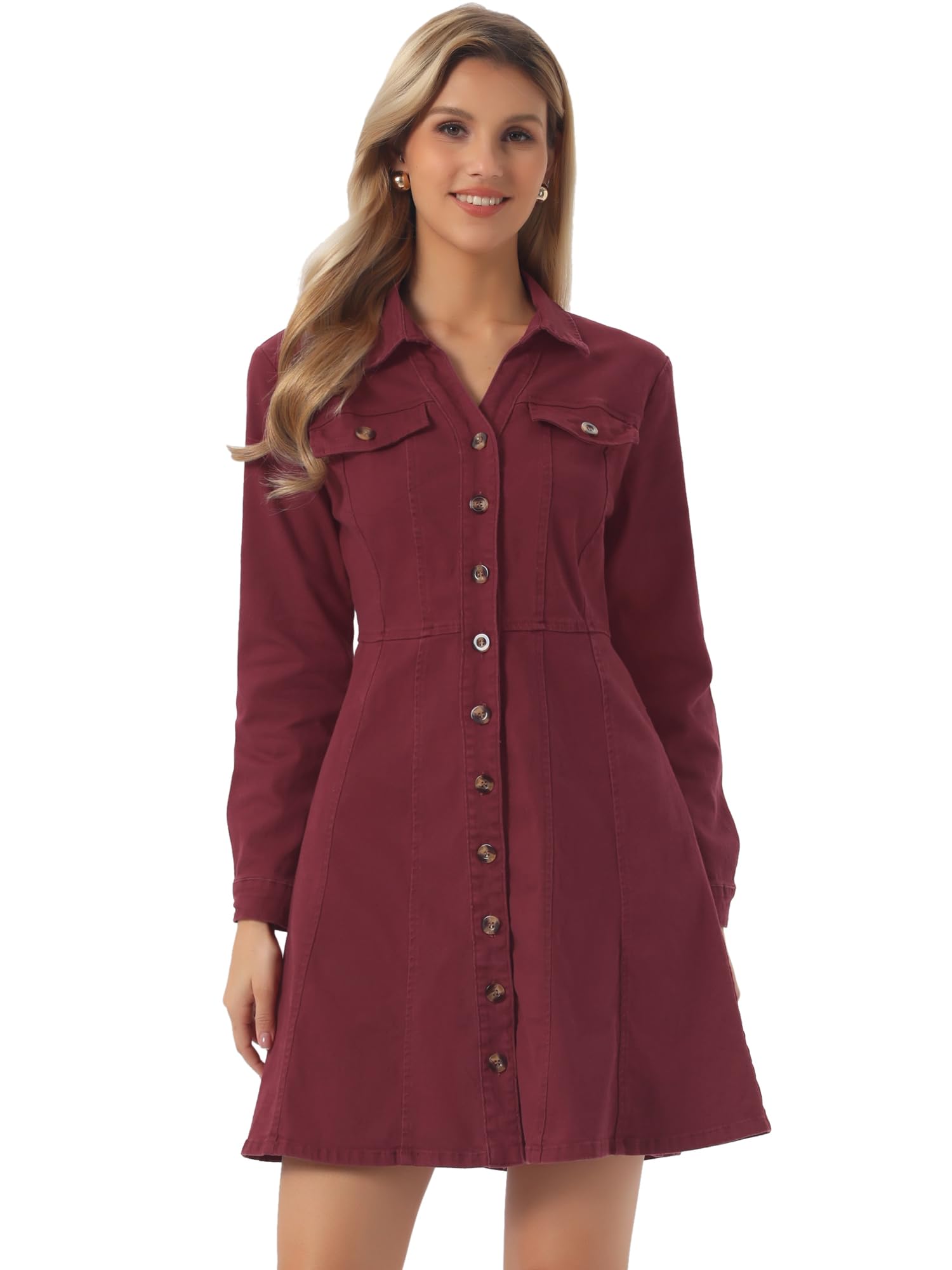 Allegra K Womens Denim Dresses Collar V Neck Long Sleeve Jean Dress