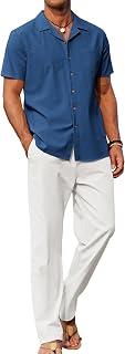 COOFANDY Men's Linen 2 Piece Outfits Button Down Shirt and Casual Loose Pants Set