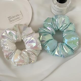 Terry Hair Scrunchies with Ruffles Large Volume for Women Daily Use Elegant Office Hair Accessories (White, Green)