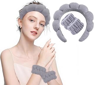 Soft Plush Elastic Hair Band and Bracelet Set for Spa Facial Skin Care Yoga Gym Travel Makeup Kit 3 Pieces (Grey)