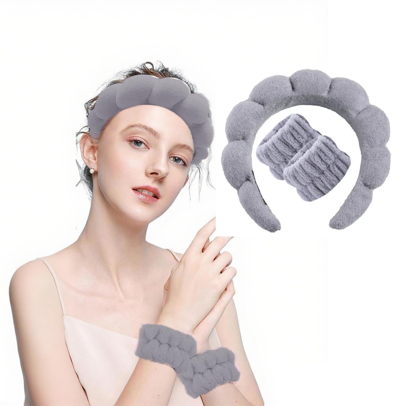 Soft Plush Elastic Hair Band and Bracelet Set for Spa Facial Skin Care Yoga Gym 