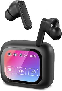 KSIX Vision Wireless Headphones with Noise Cancelling ANC and ENC - Sports Headphones with Touch Control and TFT Touch Screen - Black Earphones with Voice Assistant 20h