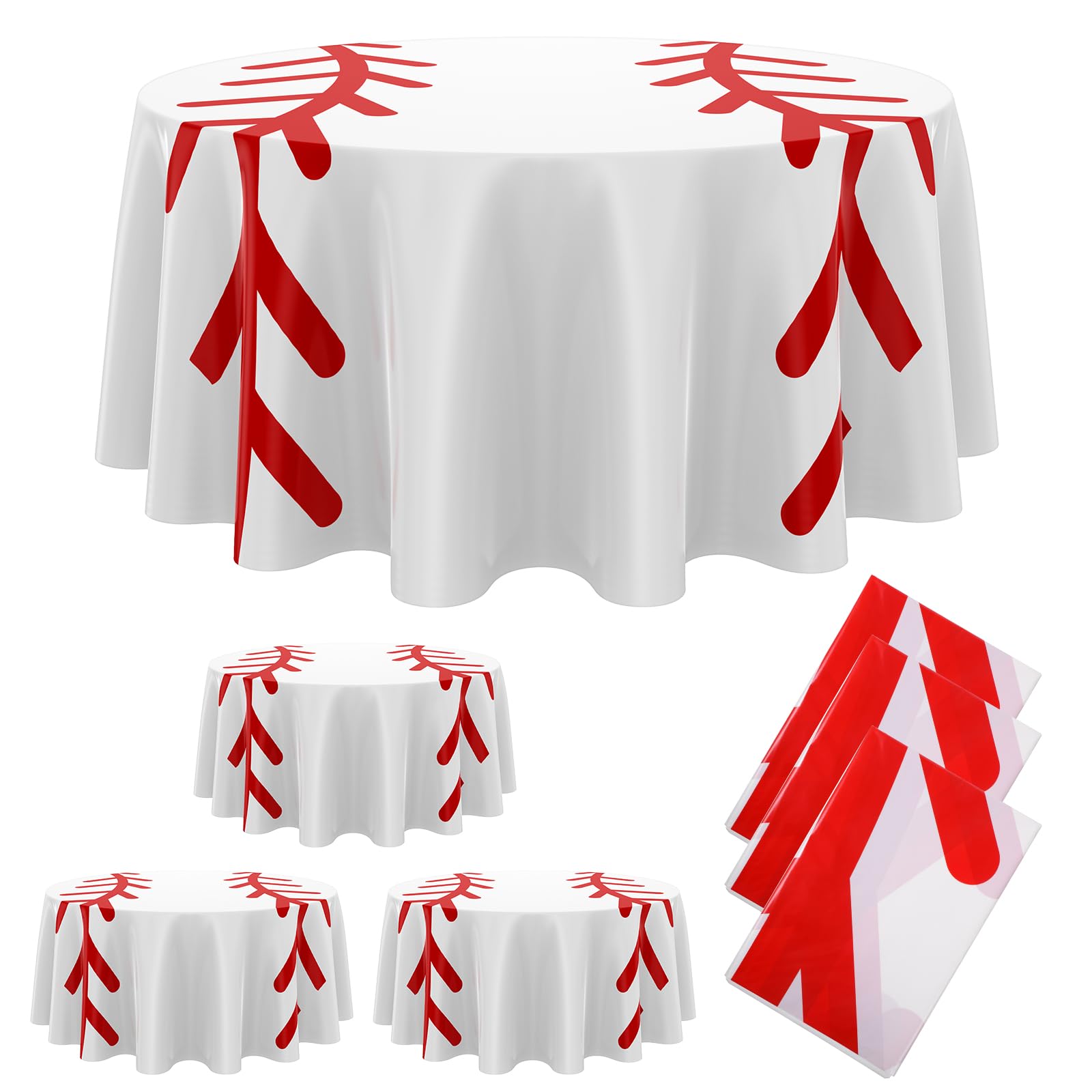 Oudain 6 Pcs Round Baseball Tablecloth 84" Plastic Red White Baseball Tablecloth