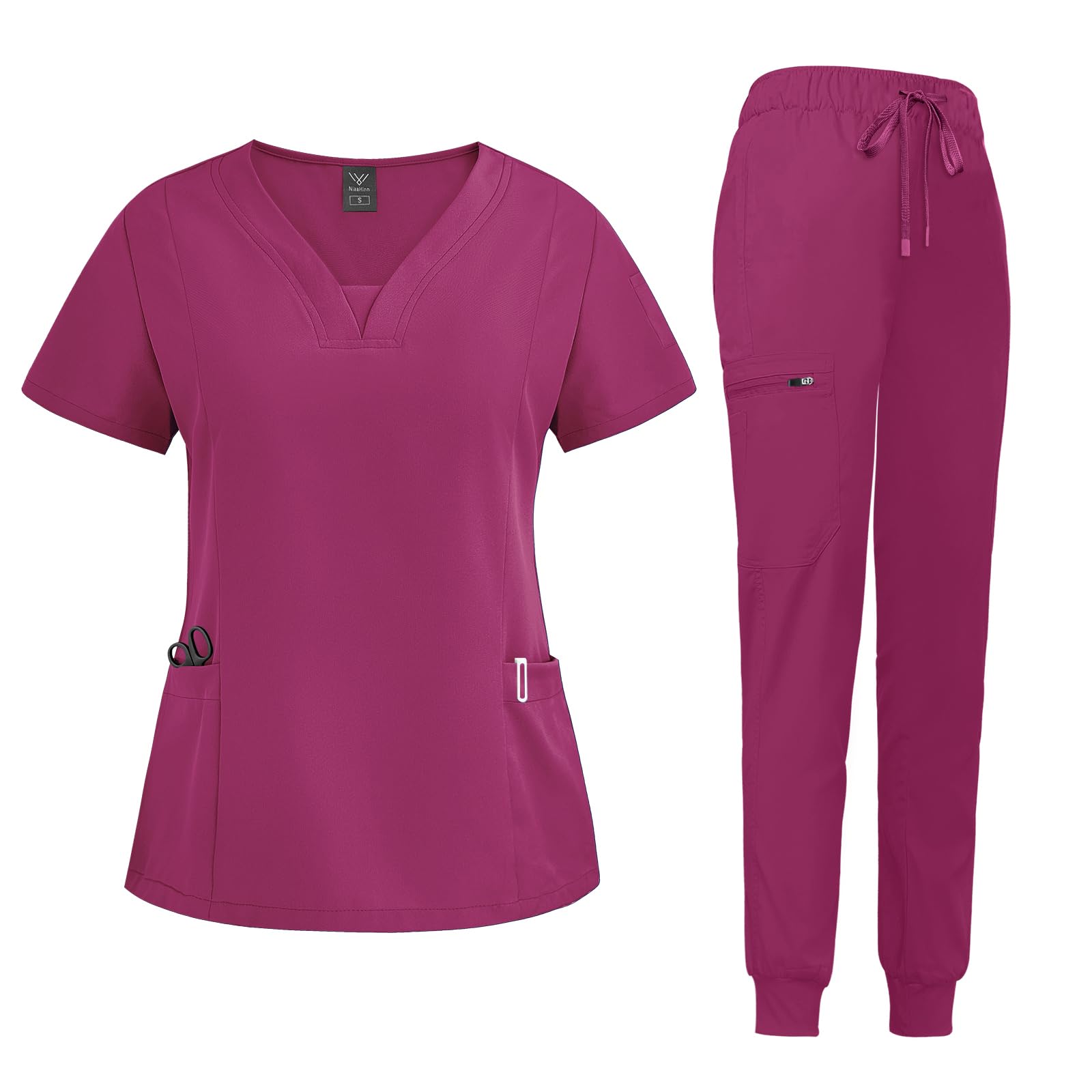 niaahinn Scrub Suit Set for Women Modern V-neck Top & Tapered Leg Jogger Pants w