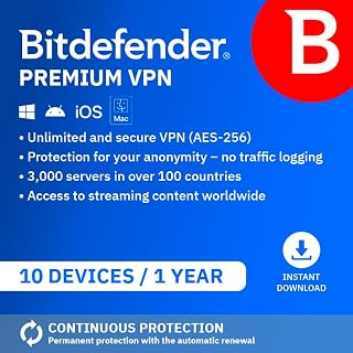Bitdefender Premium VPN 2026 | 10 Devices | 1 User | 1 Year | Windows, macOS, iOS and Android | Activation Code by Email | Automatic Renewal