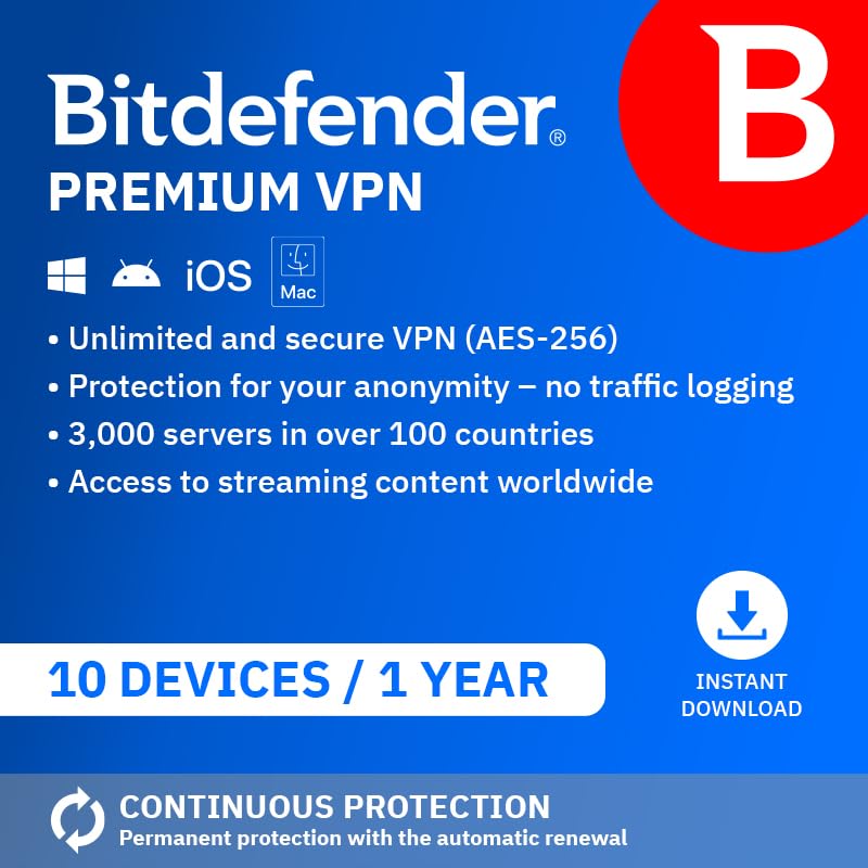 Bitdefender Premium VPN 2026 | 10 Devices | 1 User | 1 Year | Windows, macOS, iO