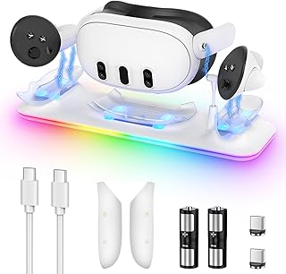 YUANHOT Charging Dock for Meta Quest 3S/Quest 3 Headset & Dual Controller | Magnetic Charger Stand, RGB Light, VR Charger Station for Oculus Quest 3S/3 Accessory, 2 Controller Rechargeable Batteries