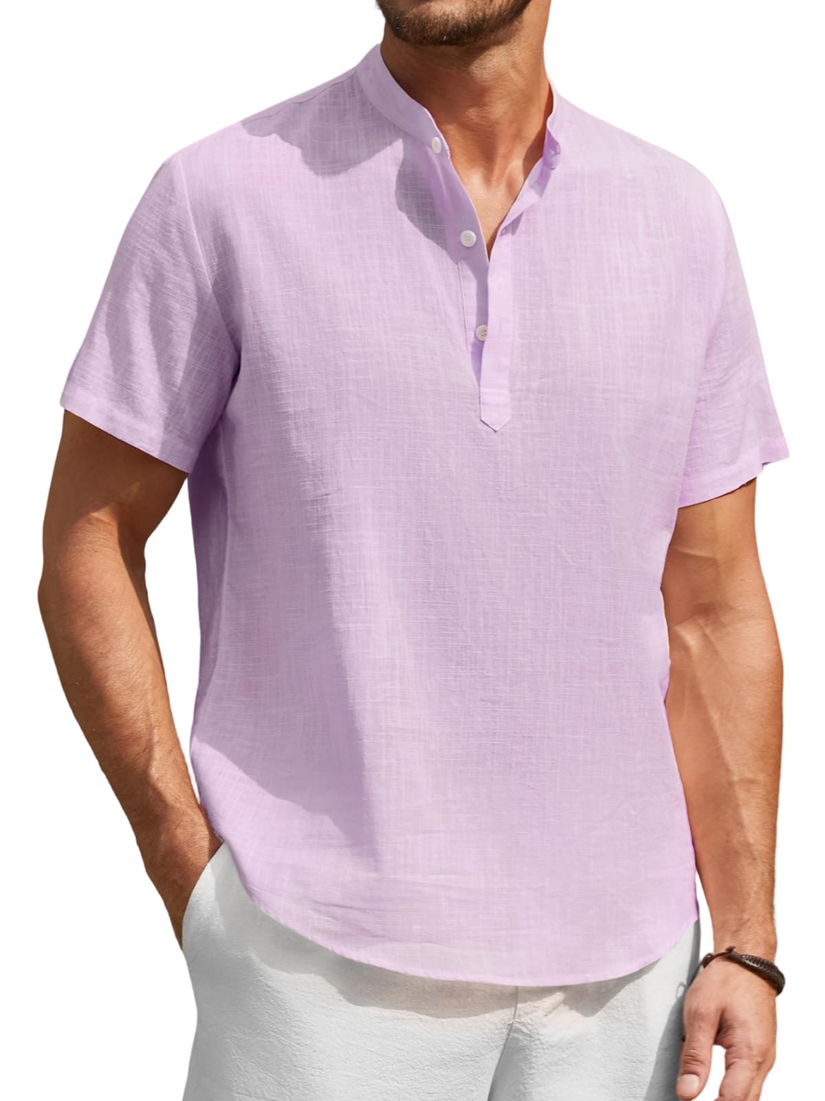 Enlision Men's Linen Shirt Short Sleeve Summer Casual Shirts for Men Mao Collar 