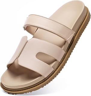 ZEENXIUYA Women's Slide Sandals with Comfort Arch Support, Adjustable Velcro Summer Beach Slides, Lightweight Slip on H-Strap Leather Open Toe Wide Flat Sandal