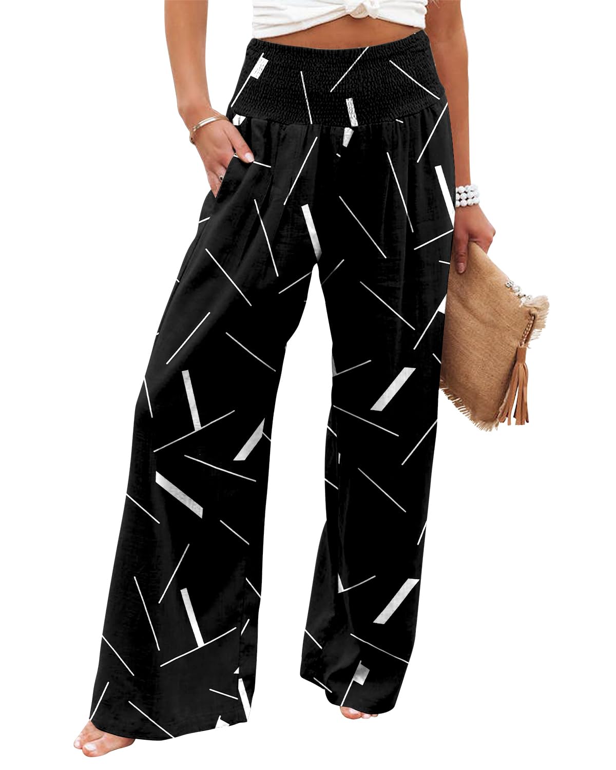 KISSMODA Women High Elastic Palazzo Pants Wide Leg Long Lounge Pants Casual Trou