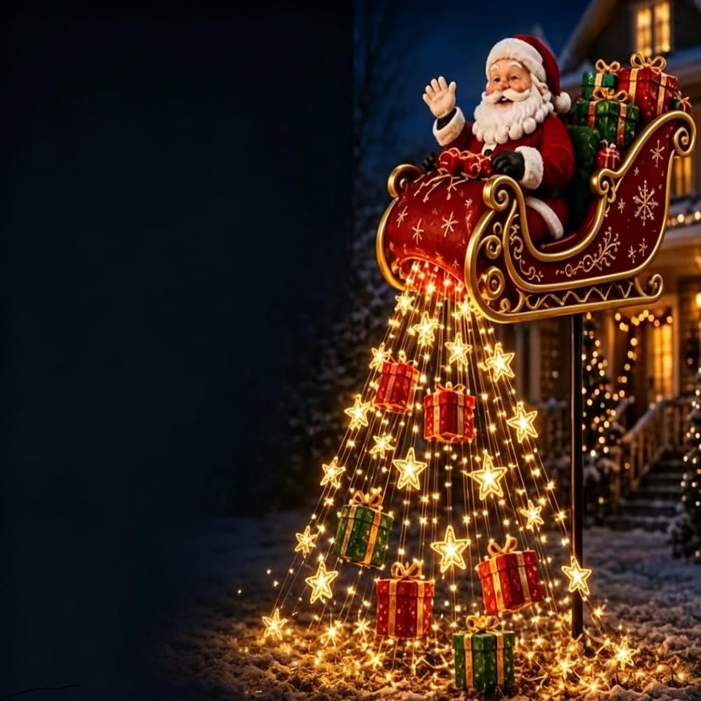 Santa Magic Fountain Solar Light Yard Decorations Stake | Flowing Snowflake LED 