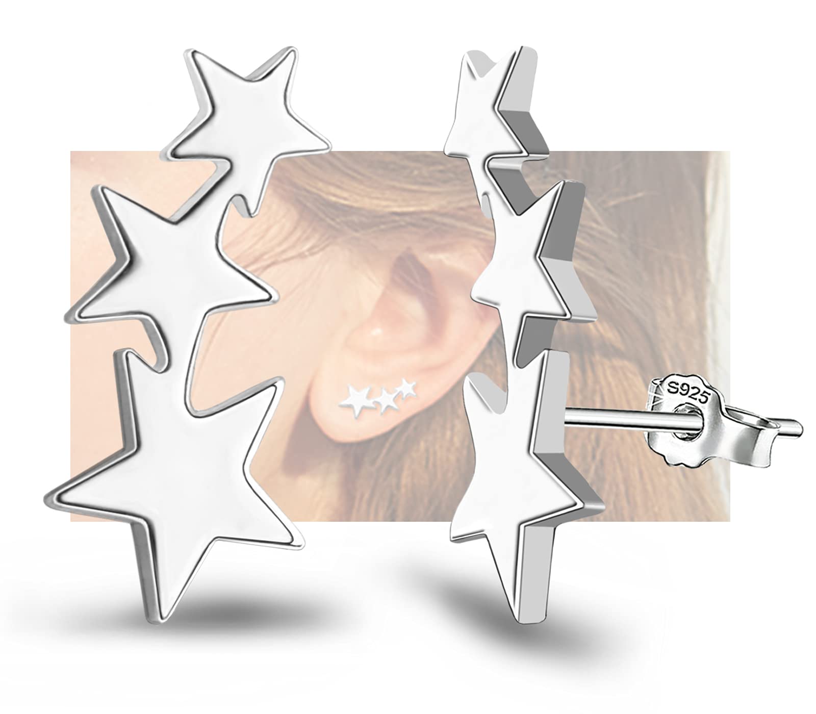 Sterling Silver Star Stud Earrings For Girls Women - Hypoallergenic Stars Post E