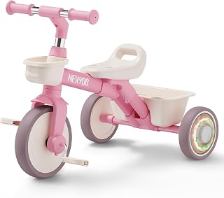 newyoo Tricycle for Toddlers 2-5, Kids Trike, Birthday Gift for Girls | Outdoor Riding Toy and Toddler Bike with Light-Up Rear Wheels, Adjustable Seat and Handlebar, 2 Storage Baskets, Pink
