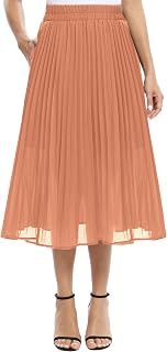EXCHIC Women's Casual Chiffon Elastic Waist Pleated Midi Skirt with Pocket