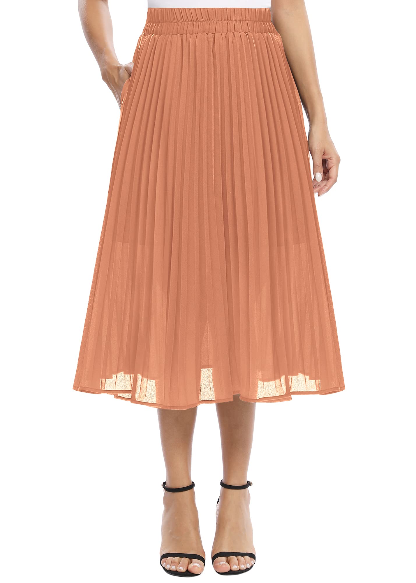 EXCHIC Women's Casual Chiffon Elastic Waist Pleated Midi Skirt with Pocket