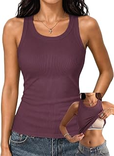 Danysu racerback tank top with built in bra for women high neck ribbed basic long fitted bra
