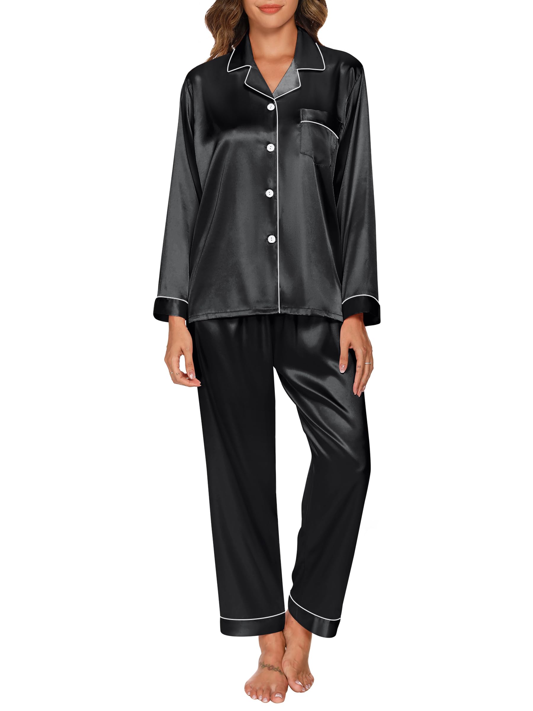 Gaeshow Ladies’ Pyjama Set, Silk Satin Long-Sleeve Sleepwear, Lounge Wear for Al