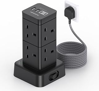 3M Tower Extension Lead with 2 USB C Slots, 8 Way Outlets Power Strip, 10Ft | Surge Protected Extension Lead, Black Extension Cable, Multi Plug Extension Socket for Home Office Bedroom Accessories