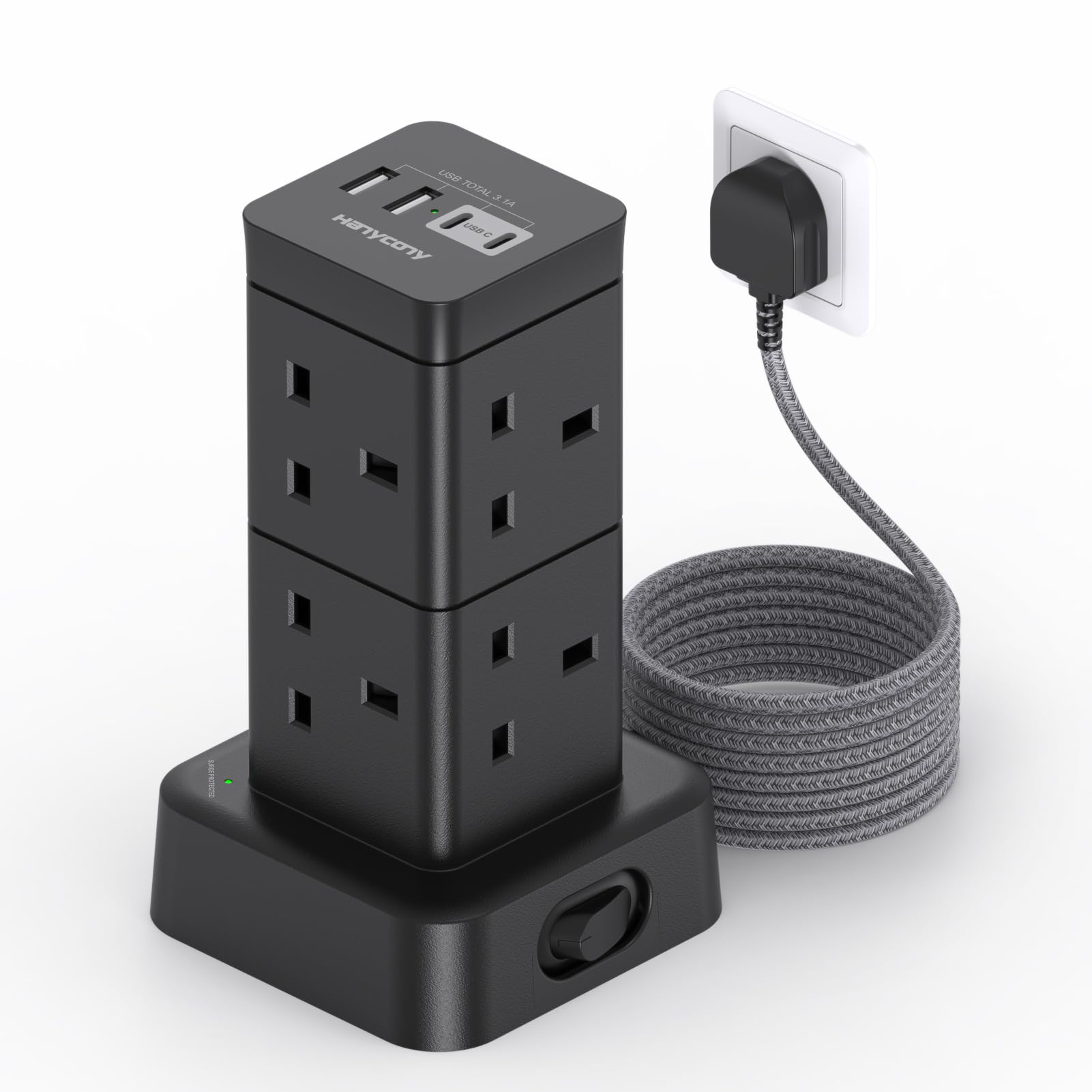 3M Tower Extension Lead with 2 USB C Slots, 8 Way Outlets Power Strip, 10Ft | Su
