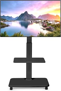 Soporte de TV móvil con ruedas para 32 – 70 pulgadas plano/curvado LED/LCD/OLED, altura ajustable, soporte de TV portátil con ruedas de hasta 100 libras de suelo, carrito de TV para dormitorio