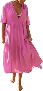 R.Vivimos Womens Summer Cotton Flowy Maxi Dress Short Sleeve V Neck Empire Waist Boho Tiered Ruffle Casual Loose Long Dresses