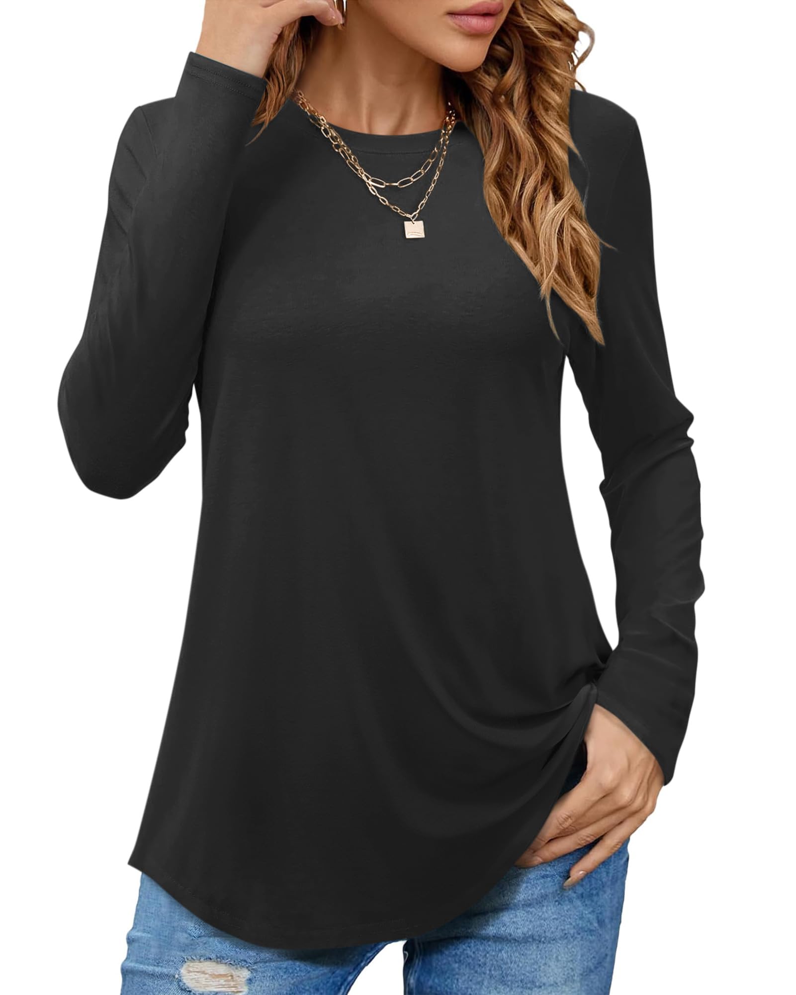 PLOKNRD Women's Long Sleeve T-Shirt Crewneck Casual Tunic Tops