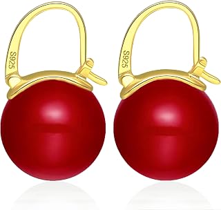 HUGE TOMATO Pearl Drop Earrings, 14mm Elegant Big Pearl Earrings 925 Sterling Silver 14K Gold Plated Clasp for Women Fashion, Dangle Hoop Earrings for Gift
