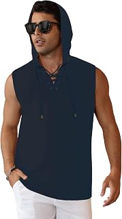 Men's Linen Tank Tops Sleeveless Shirts Lace Up Beach Summer Yoga Top Hippie Renaissance Pirate Tunic with Hood